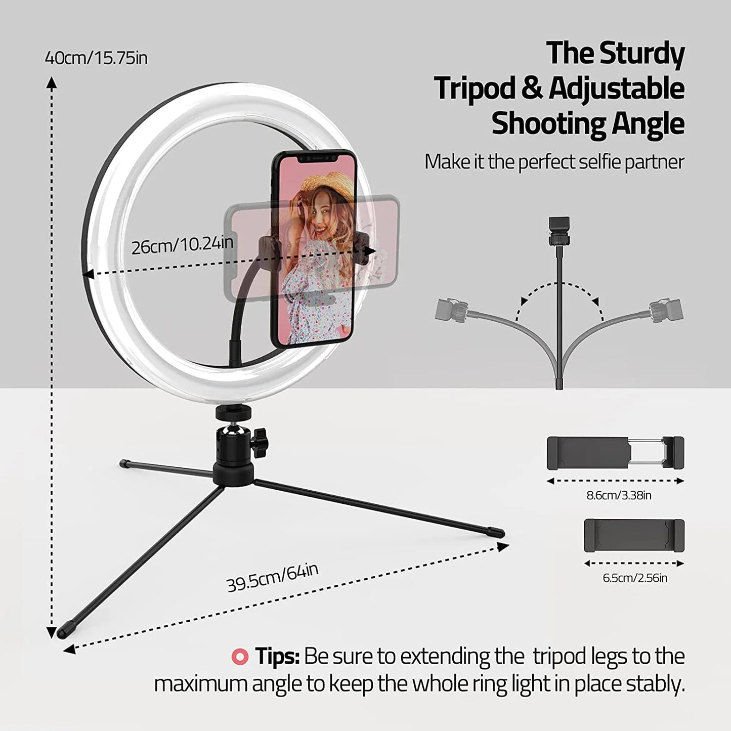 10" LED Ring Light with Tripod Stand, Phone Holder, Wireless Shutter, Dimmable Desktop Light