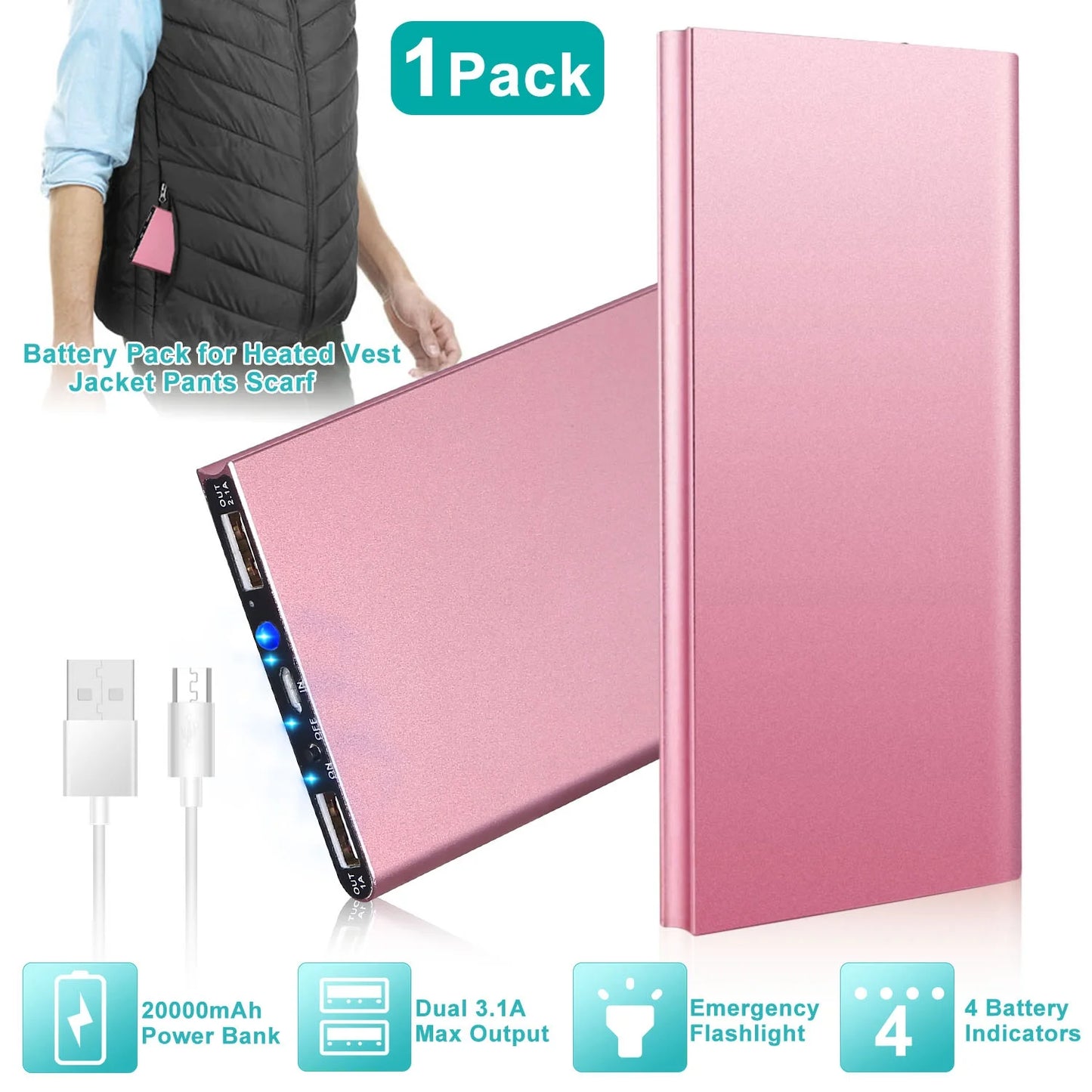 Heated Vest Power Bank 20000Mah Battery Pack for Heated Vest Jacket Pants Scarf USB Power Bank 5V/2.1A, Rose Gold