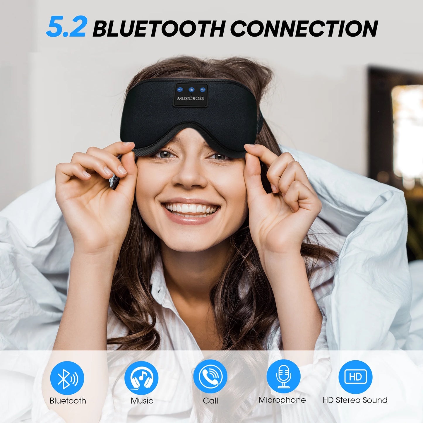 Bluetooth Sleep Mask Sleep Mask with Headphones Bluetooth 5.2 Wireless, 3D Eye Mask for Sleeping Built-In HD Music, Microphone for Calls, Sleep Headphones for Side Sleepers Travel Yoga Meditation