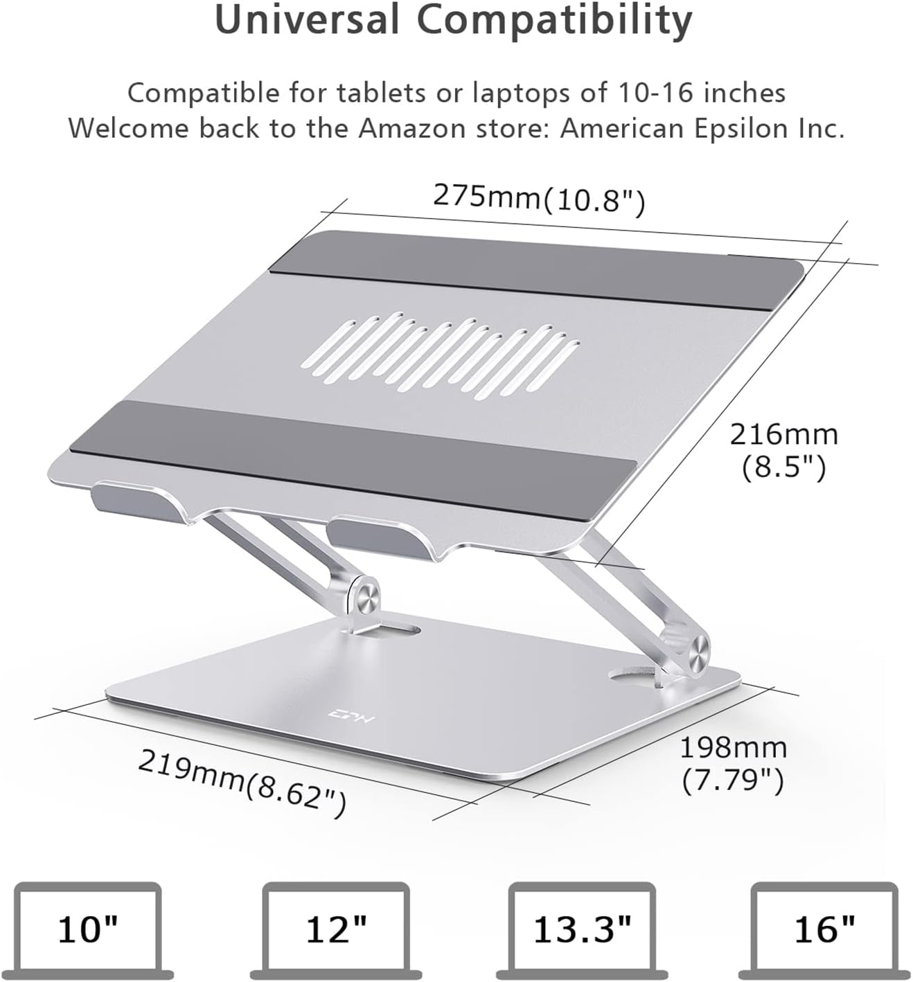 Laptop Stand for Desk, Ergonomic Aluminum Alloy Laptop Holder Adjustable Height Computer Stand Notebook Riser Compatible with Macbook Pro Air, Dell, HP, Lenovo, Samsung More 9-16" Laptops-Silver