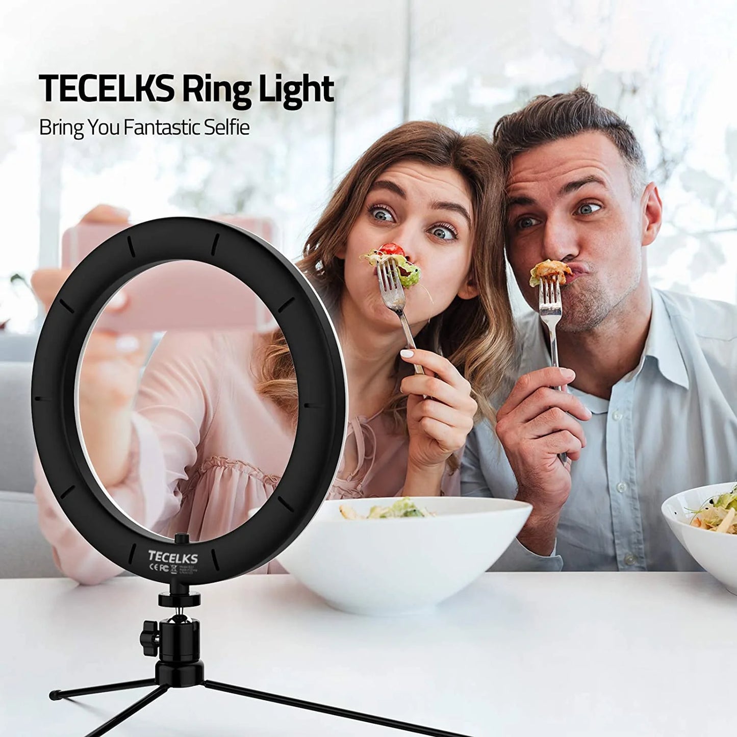 10" LED Ring Light with Tripod Stand, Phone Holder, Wireless Shutter, Dimmable Desktop Light