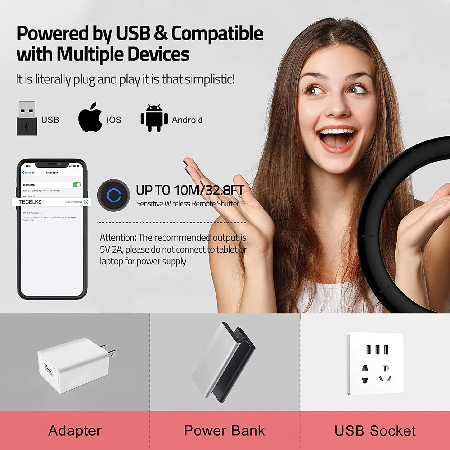 10" LED Ring Light with Tripod Stand, Phone Holder, Wireless Shutter, Dimmable Desktop Light