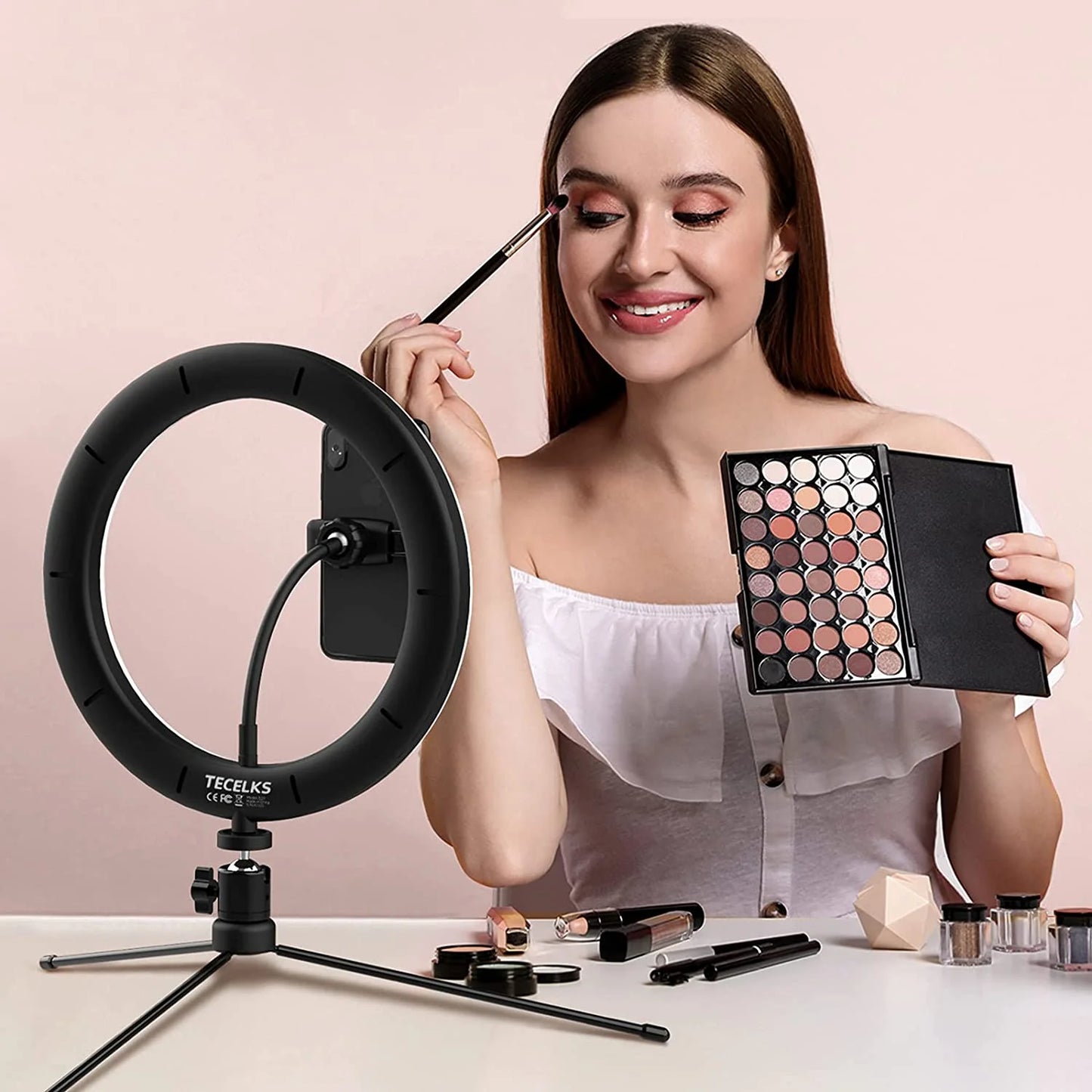 10" LED Ring Light with Tripod Stand, Phone Holder, Wireless Shutter, Dimmable Desktop Light