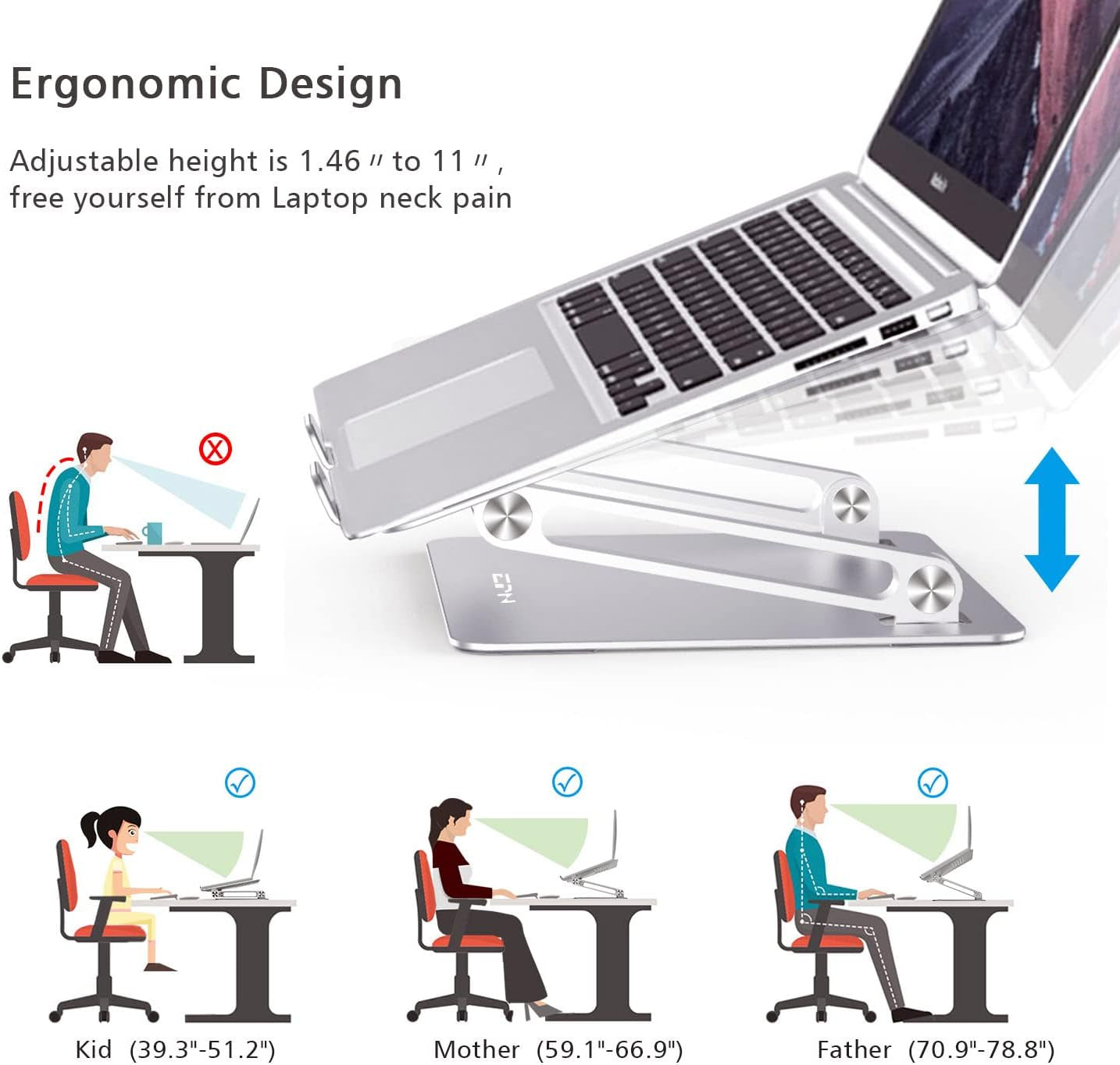 Laptop Stand for Desk, Ergonomic Aluminum Alloy Laptop Holder Adjustable Height Computer Stand Notebook Riser Compatible with Macbook Pro Air, Dell, HP, Lenovo, Samsung More 9-16" Laptops-Silver