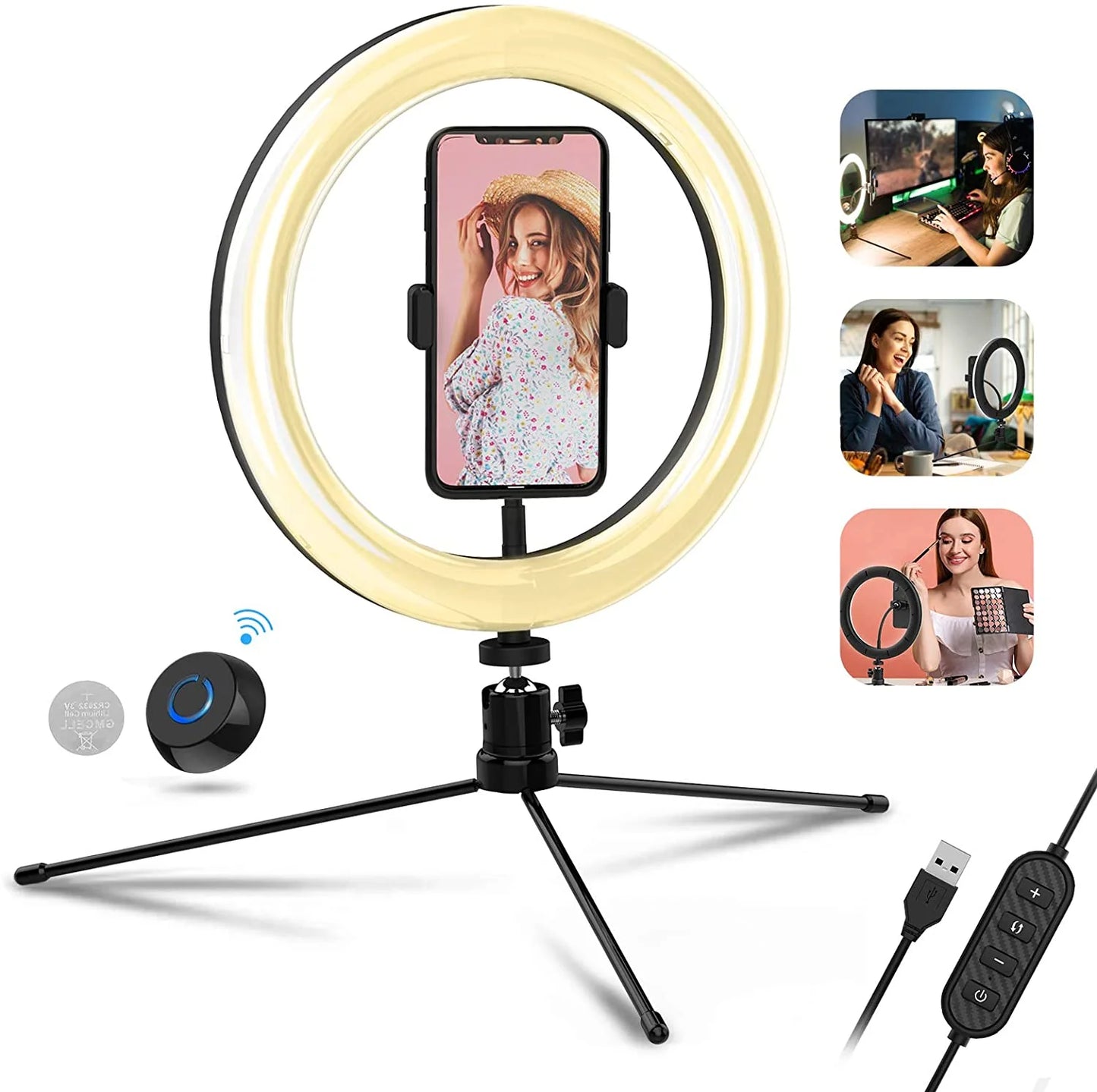 10" LED Ring Light with Tripod Stand, Phone Holder, Wireless Shutter, Dimmable Desktop Light