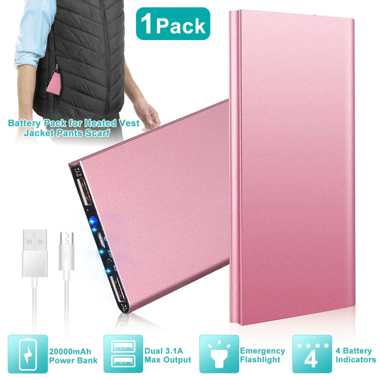 Heated Vest Power Bank 20000Mah Battery Pack for Heated Vest Jacket Pants Scarf USB Power Bank 5V/2.1A, Rose Gold