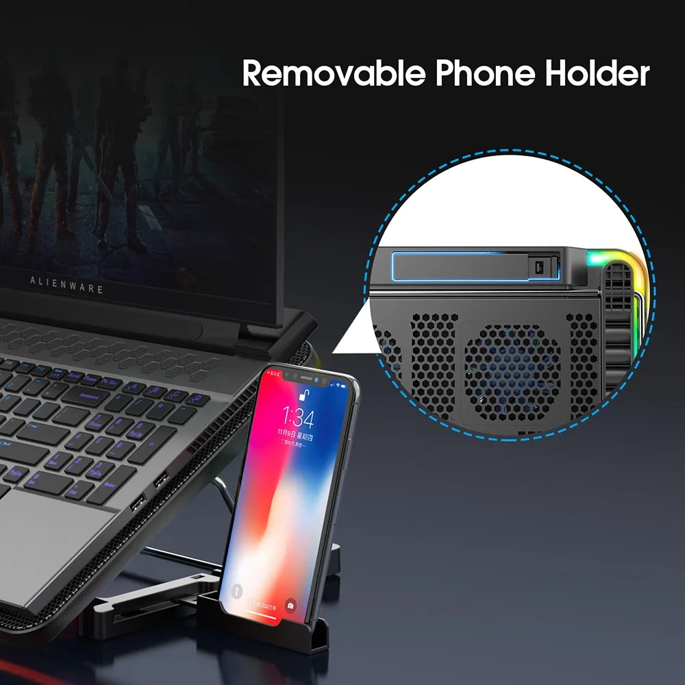15.6-17.3Inch Laptop Cooling Pad with 6 Quiet Fans,7 Height & Wind Speed Adjustable, 2 USB Port Laptop Cooer with Mobile Phone Holde