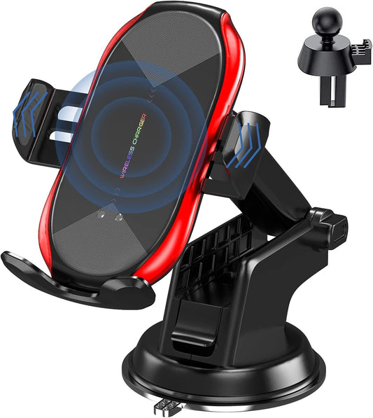 Wireless Car Charger Mount, 15W Qi Fast Charging Auto-Clamping Phone Holder, Vent/Mount Compatible with Iphone 13/12/11/X/8, Samsung S20/S10/Note20/Note10