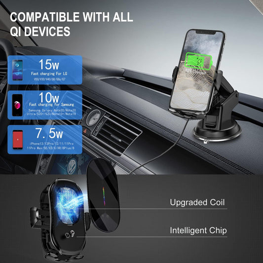 Wireless Car Charger Mount, 15W Qi Fast Charging Auto-Clamping Phone Holder, Vent/Mount Compatible with Iphone 13/12/11/X/8, Samsung S20/S10/Note20/Note10