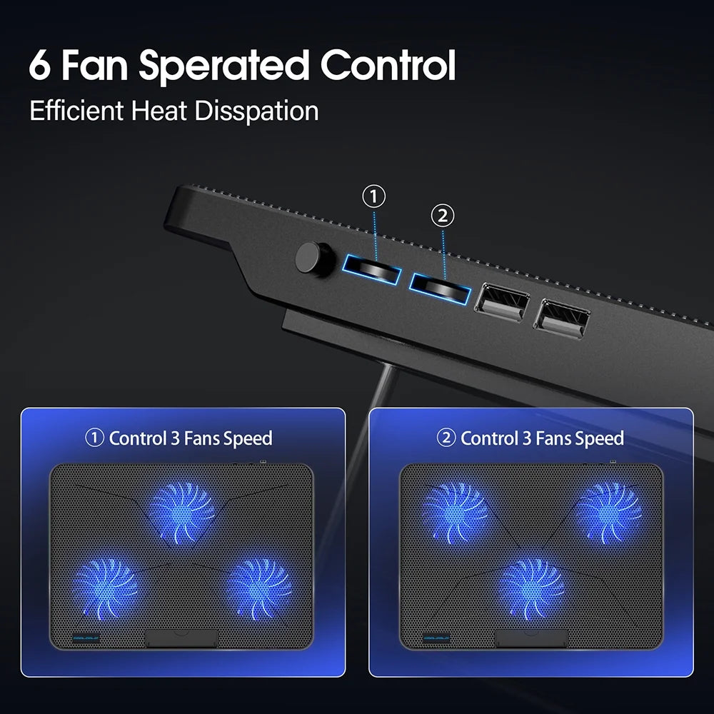 15.6-17.3Inch Laptop Cooling Pad with 6 Quiet Fans,7 Height & Wind Speed Adjustable, 2 USB Port Laptop Cooer with Mobile Phone Holde