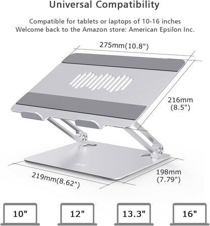 Laptop Stand for Desk, Ergonomic Aluminum Alloy Laptop Holder Adjustable Height Computer Stand Notebook Riser Compatible with Macbook Pro Air, Dell, HP, Lenovo, Samsung More 9-16" Laptops-Silver