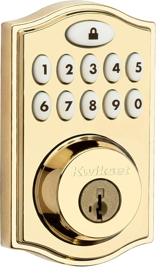 914 Traditional Keypad Smartcode Electronic Deadbolt Smart Lock Featuring Smartkey Security and Zigbee 3.0 Technology in Polished Brass
