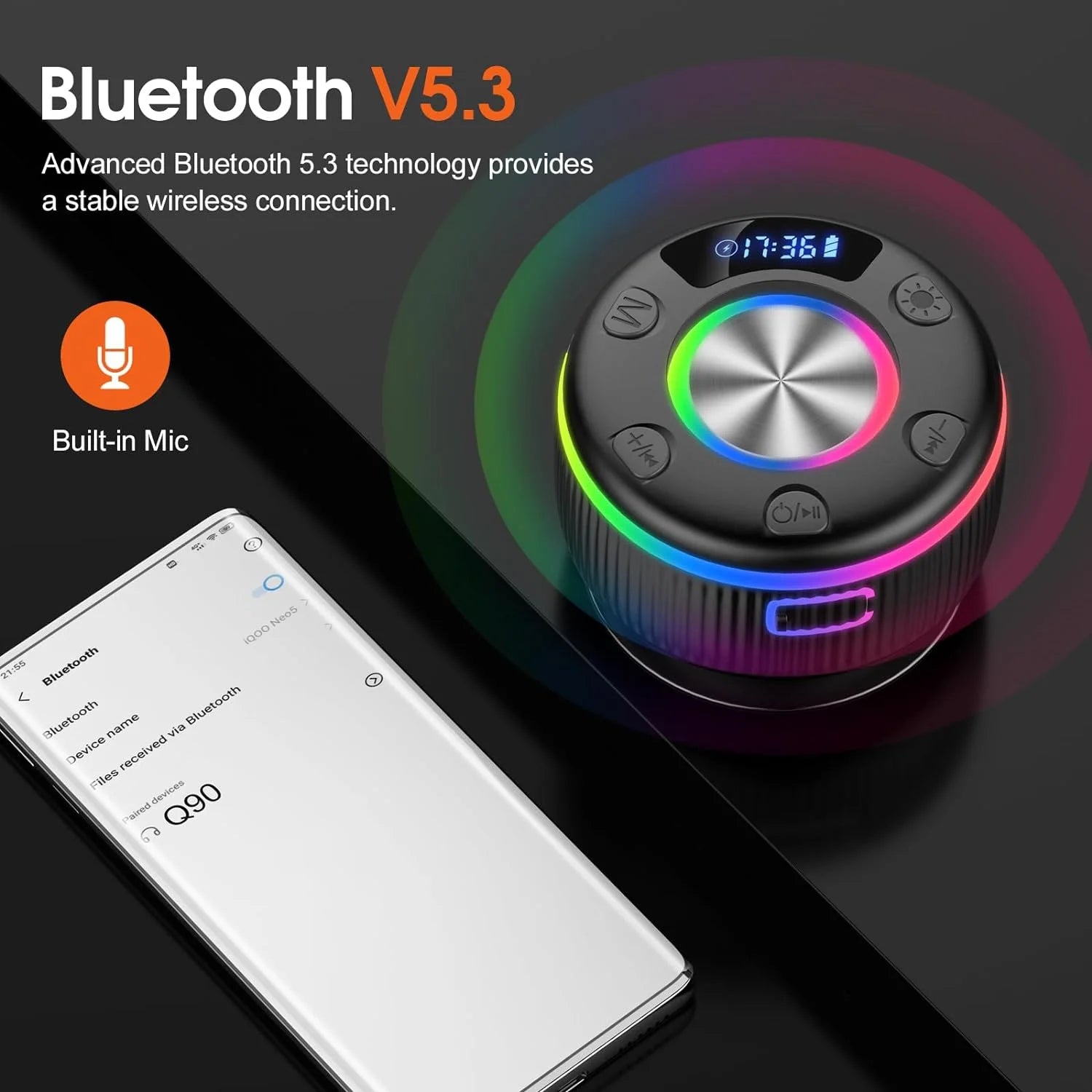 Shower Speaker, Bluetooth Speakers, IPX7 Waterproof Portable Speakers with LED Light, Speakers Bluetooth Wireless Loud Clear Sound, Suction Cup, Time Display for Home/Party/Outdoor/Beach, Gift
