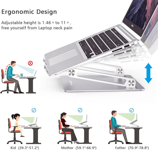 Laptop Stand for Desk, Ergonomic Aluminum Alloy Laptop Holder Adjustable Height Computer Stand Notebook Riser Compatible with Macbook Pro Air, Dell, HP, Lenovo, Samsung More 9-16" Laptops-Silver